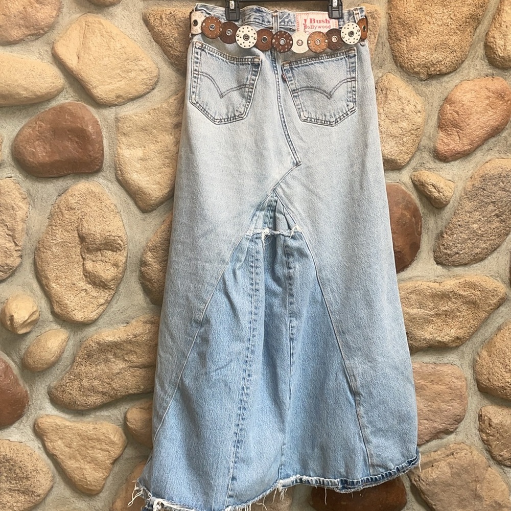 J BUSH HOLLYWOOD CREATIONS awesome distressed Denim Maxi Skirt festival! Sz 29 - Picture 4 of 10